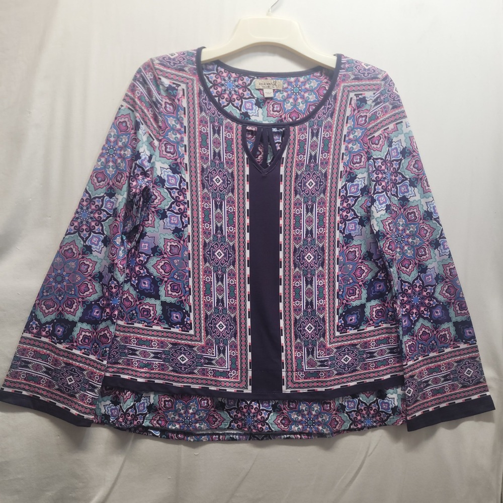 One World Womens LG Tunic Top Purple Paisley Keyhole Lattice Neck L-Slv Boho